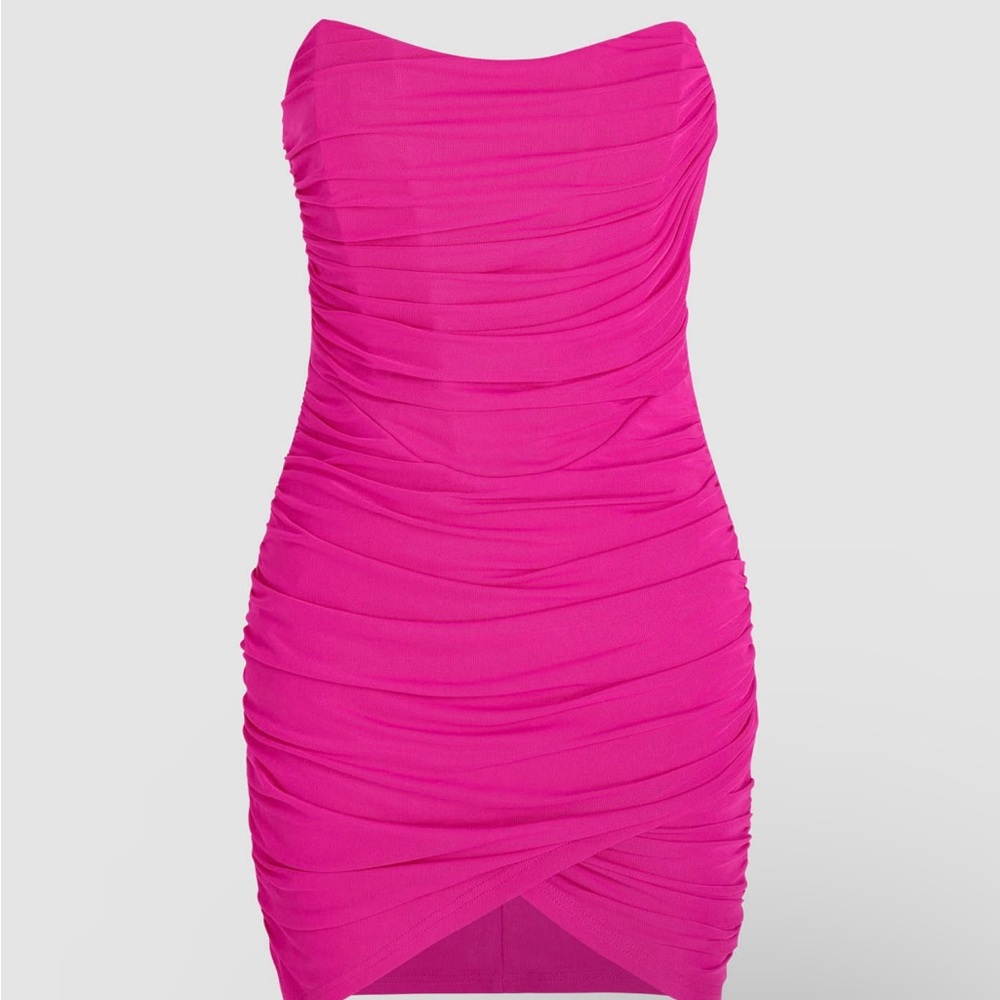 Solid Mesh Strapless Ruched Short Dress